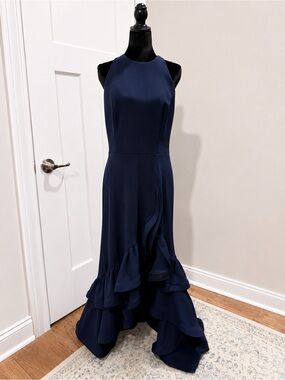 Betsy & Adam Navy Ruffled High-Low Formal Gown – Size 12